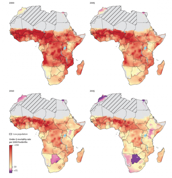 Map of Africa from 2000 to 2015, showing under-five mortality rates.