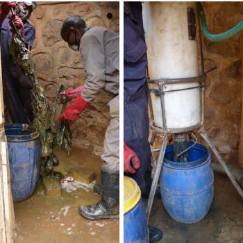 Left: manually taking out solid waste, Right: pumping remaining faecal sludge (photos Seleen Suidman, Kigali, January 2017)