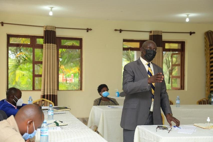 Mr Peter Sunday Rusoke, Minister of Culture Tooro Kingdom speaks at the cultural leaders strategic meeting on hygiene promotion campaigns
