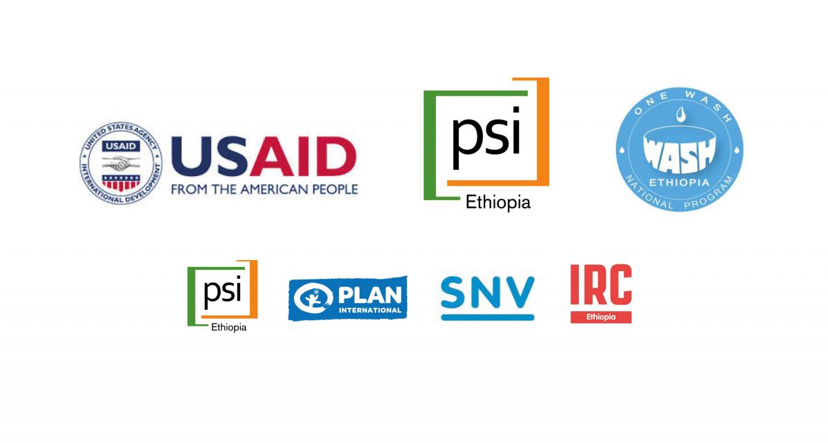 Project logos - USAID, OneWASH, IRC, PSI, PLAN, SNV