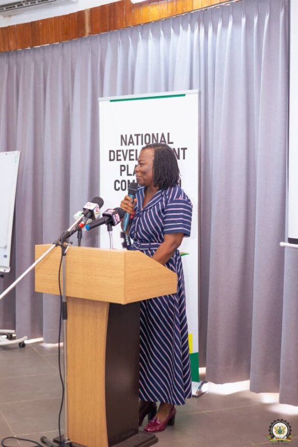 Vida Duti presenting at the National Coordination workshop held in Akosombo, Ghana from 13-14 February 2024. Credit: NDPC